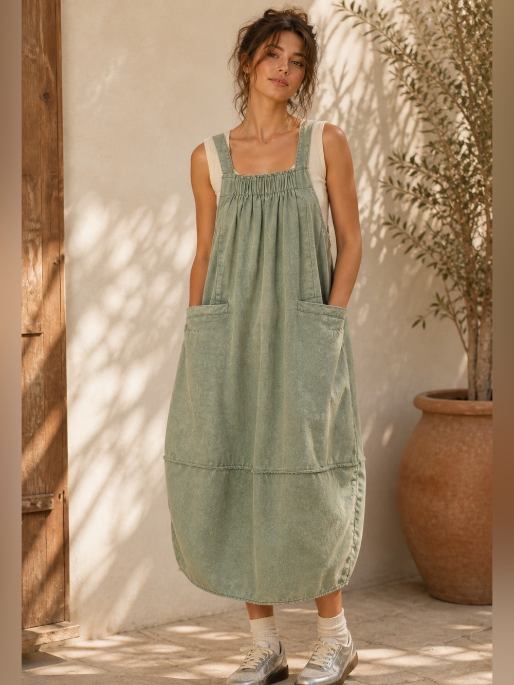 Relaxed Sage Green Maxi Pinafore Dress